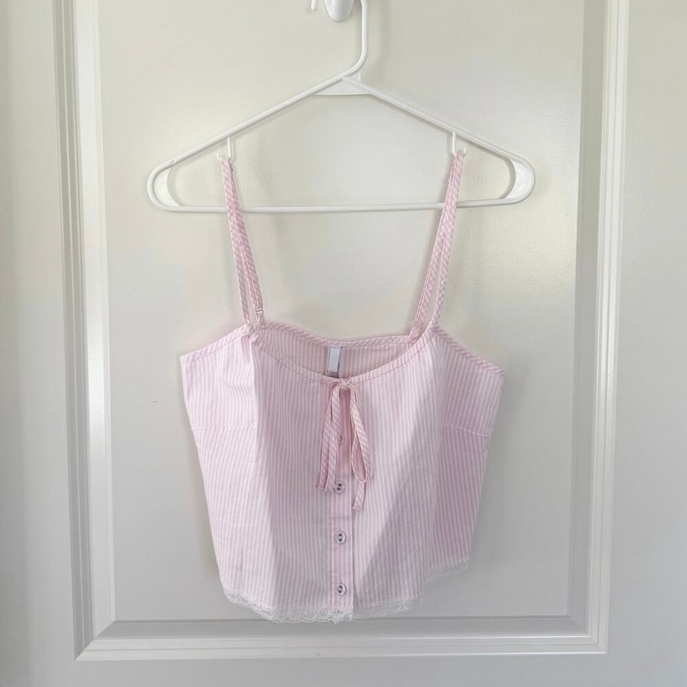 NWT SKIMS Cotton Poplin Striped Sleep Cami Tank Top Pink White XXS - Picture 2 of 5